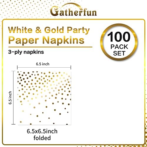 Gatherfun Бели и Златни Аксесоари за Партита за Еднократна употреба, Кърпички Конфети в Златни Грах Хартиени Салфетки