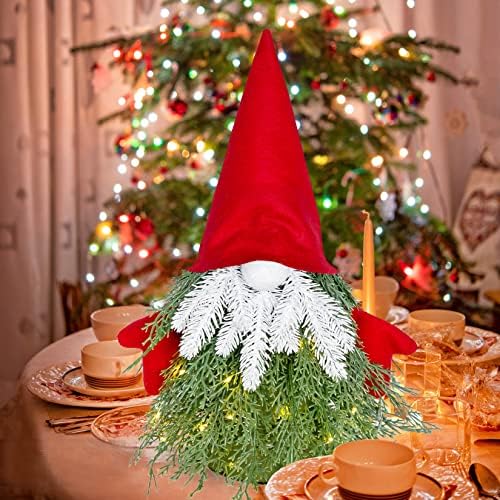 Мини Коледно Дърво с Предварително оцветен Гномом, Настолна Коледно Дърво с 3 Висящи Украшения във формата на Джуджета,