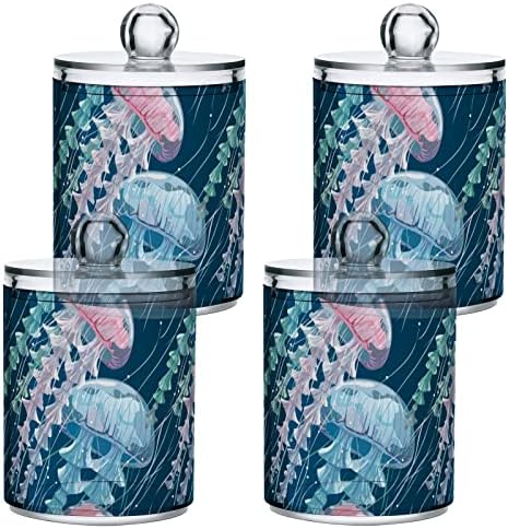 YYZZH Pretty Jellyfish Розово-Синята Морска Живот, 4 опаковки, Qtip, Държач, Диспенсер за Памучни тампони, Кръгли Тампони,
