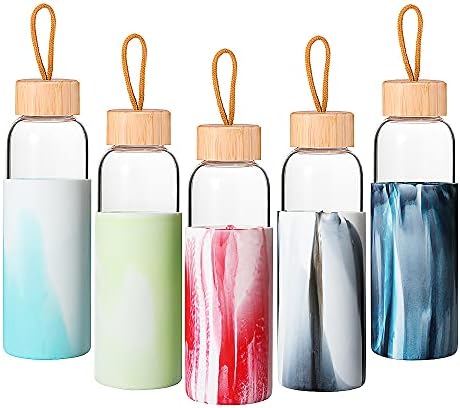 Бутилка за вода Treimasw Sport borosilicate стъкло с бамбук с капак и силиконов ръкав -могат да се мият в миялна машина-18 унции (сив)