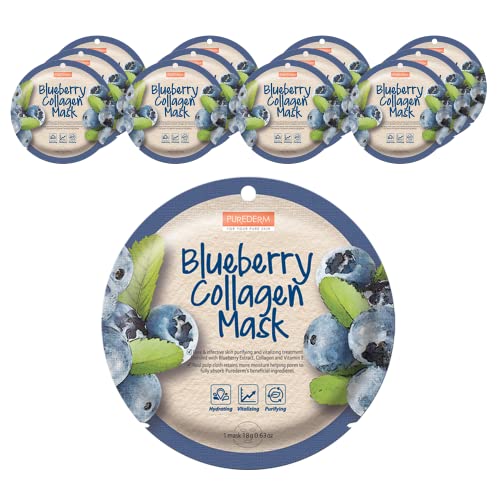 Purederm Blueberry Collagen Mask (12 опаковки) - корейската козметична копър лесно ламарина тип. Екстракти от боровинка, колаген и витамин е пречистват и зареждат кожата с енергия, ?