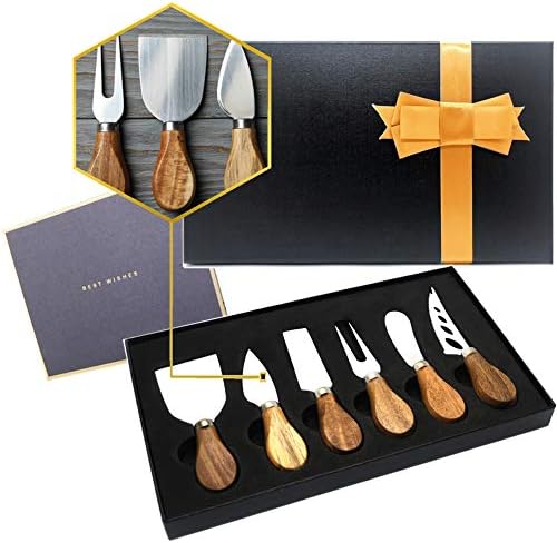 Комплект ножове за сирене MJuAn Премия от 6 теми, Пълна Колекция от Ножове за сирене от неръждаема стомана (дръжка от дърво акация)-Нож за разпръскване на сирене, за кол