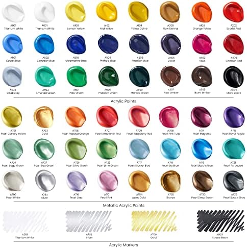 Комплект акрилни бои ARTEZA, Преносим Комплект за рисуване с Мольбертом, Калъф за носене, 10 Четки, 2 Опъната платно, 48 Тюбиков Акрилна Боя, Художествени, за да проверите