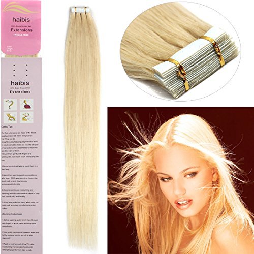 haibis Лента за изграждане на косъм от Човешка Коса Remy 20pcs Повече цветове 16-24 инча (16 инча, 30 г, 60 platinum blond)