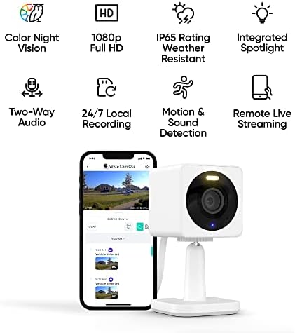 WYZE Cam Pan v3 За помещения и на улицата с IP65 рейтинг, канче / наклон / увеличение с резолюция 1080p, Wi-Fi, камера за сигурност за smart home и Cam OG, За помещения и на улицата, бяла, с в?