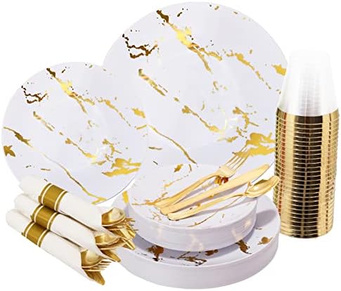 bUCLA 30Guests златни пластмасови чинии - Бели и златни пластмасови чинии С предварително упакованным в пластмаса Столовым