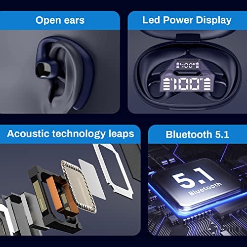 Слушалки с отворени уши, Истински Безжични Bluetooth слушалки с заушниками, 30 часа възпроизвеждане с зарядно калъф и led дисплей захранване, Слушалки за спортни трениров