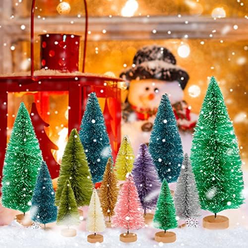 ONESING 50 бр Мини Коледно Дърво, Бутилирани Елхи с Дървена основа, Малка Изкуствена Коледна Елха 5 Размери, Малка Борова Елха, Коледни Елхи от Сизал, Снежни коледни Елхи