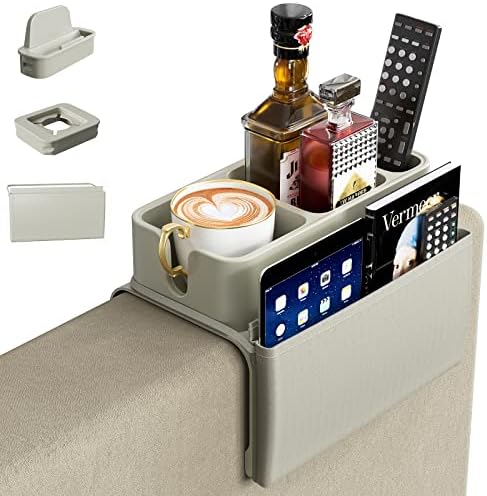 Поставка за чаши за дивана QueenKey, Силикон Подлакътник за дивана със Странични джобове, Защита от разливане и приплъзване, Голяма Поставка за дивана с Подстаканником
