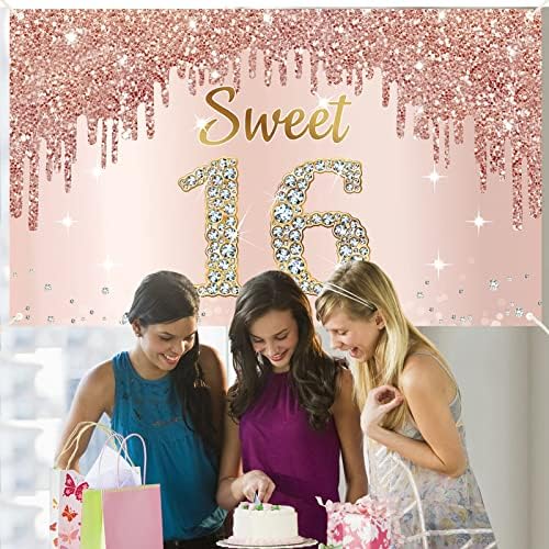 Happy Sweet 16th Birthday Банер Фон Украса за Момичета, Розово-Златни Банер за Парти в чест на 16-Годишнината си, Розово