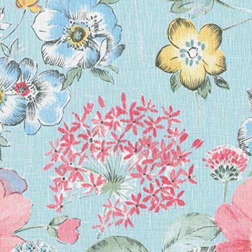 Плат Splendorous Flowers - Антични розови и коралови нюанси, Пудрово-син, Бледо-лимонов, захранвани с Листа зелени, антрацит и бял цвят на Морска вълна | Дизайн на принт от лен