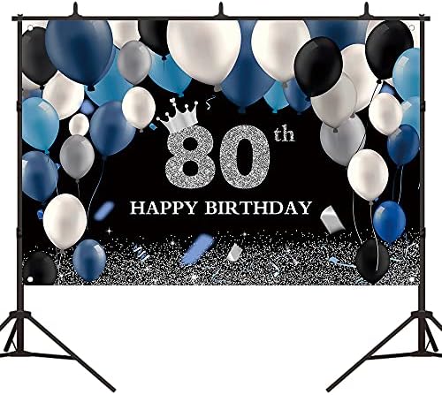 Bellimas Черен и Сребрист Фон на 80-ия Рожден Ден на Тъмно-Сини и Бели Балони Короната Украса за Парти на 80-ия Рожден Ден на Осемдесетгодишен Банер с Мед Люверсами