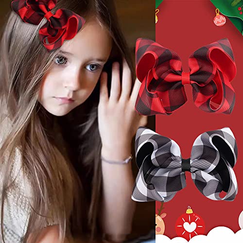 Коледни Големи Каре Панделки за коса за малки деца и момичета, 4-инчов Червено-Черна Шнола с Лък, Шнола за коса на Дядо