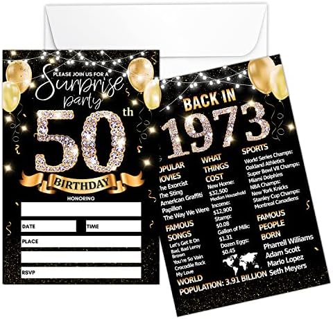 покана карта на парти в чест на 50-годишнината - Покани от черно злато с печат на плакат 1973 г. на заден ход, Двустранни