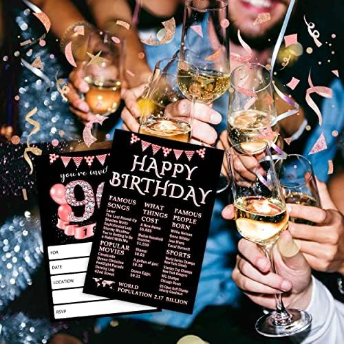 QZCYU Покани за 90-ия Рожден Ден на Пликове за жени, Покани за парти в чест на 90-годишнината, Покани за рожден Ден за възрастни от черно и розово злато - пакет от 20