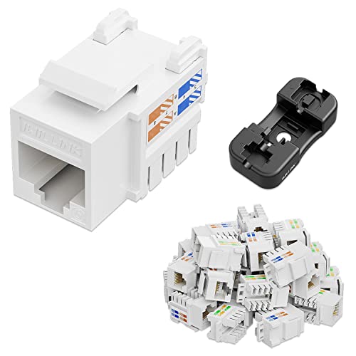 iwillink Cat6 Keystone Jack, RJ-45 Keystone Jack 25 в комплект и шкаф за перфорация на Keystone, Модулен конектор UTP Ethernet, Поставяне под ъгъл от 90 градуса, Адаптер за перфорация на Keystone Джак, Бя?