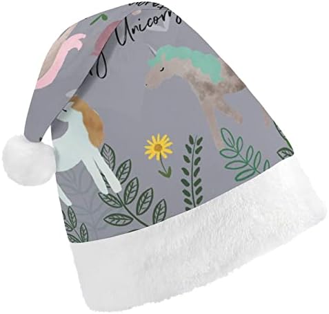 Плюшен коледна шапка с шарките на еднорог, палави и сладки шапки на Дядо Коледа с плюшени полета и удобна подплата, коледна украса