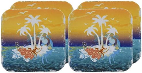 3dRose CST_152566_1 Красива Сцена на остров с Палми и тропически цветя в оранжево и синьо-меки опори, Комплект от 4