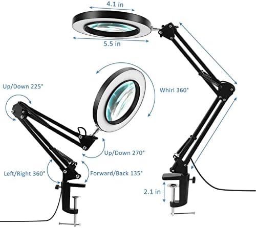 На 5-Кратно Лупа с led подсветка и яркостта на 10 Нива, в 3 Цвята, Настолна Лампа за вашия Работен Плот, Led Лампа за четене със скоба и Гъвкаво монтиране на стена