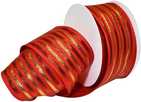 Лентата Morex Ribbon от полиестер в стил барок Noel, 2-1/ 2 x 50 ярда, червен / Златен, 7487.60/50-609