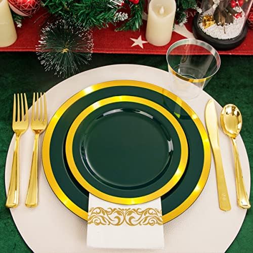 Liacere 175 бр. Зелени Пластмасови чинии - Изумрудено-Зелени празнични чинии за Еднократна златни пластмасови чинии включват 50 чинии, 25 ножове, 25 вилици, 25 лъжици, 25 чаши,