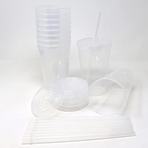 За многократна употреба пластмасови чаши Подвижен Sands обем 22 грама с капаци, 10 x, Прозрачни чаши на американското производство; В комплект 10 соломинок за еднократна