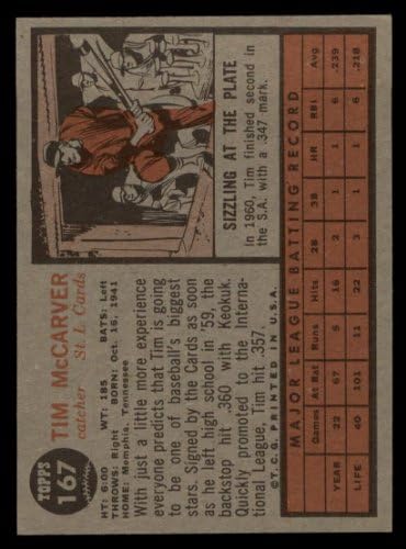 1962 Topps 167 GRN Тим Маккарвер Сейнт Луис Кардиналс (Бейзболна картичка) (зелен цвят) EX/ MT + Кардиналс