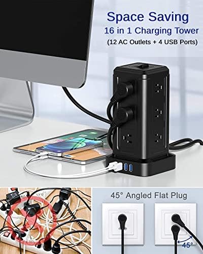NVEESHOX Power Strip Tower, Мрежов филтър Power Strip с 12 Множество контакти, ключове ac и 4 USB порта, Удлинительный