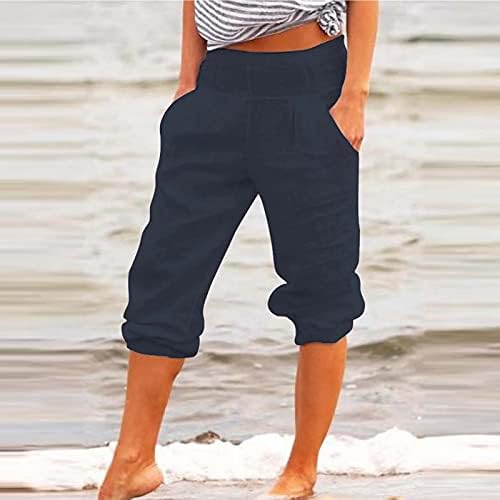Дамски Памучни Ленени Панталони капри, Плажни Широки Панталони Свободно Намаляване Дължина до Коляното, Карго-Капри, Летни Ежедневни Скъсяване на Панталони за Жен