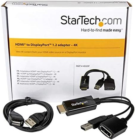 StarTech.com видео адаптер 4K 30Hz HDMI-DisplayPort, захранван от USB - 6 инча Конвертор HDMI 1.4 (мъжки) в ДП 1.2 (женски) за активен монитор (HD2DP), черен