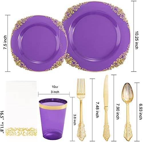 Nervure 175ШТ Прозрачни Виолетови Пластмасови чинии - Златни Пластмасови чинии за 25 гости Включва 25 места за хранене чинии, 25 десертни чинии, 25 чаши, 25 вилици, 25 ножове, 25 ?