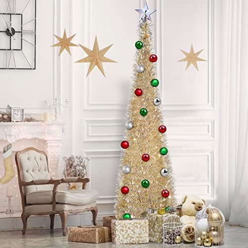 TURNMEON 6 фута блестящ молив с осветление, Таймер за украса на Коледната елха, 30 топки, 80 цветни светлини, звезда,