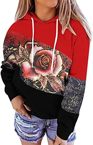 Дамски джобен големи качулки сладък цвят блок мозайка печатни блузи с дълъг ръкав случайни блуза, пуловер