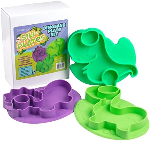 Комплект силиконови разделени чинии за животни Bentology - 3 опаковки (Лъв, Маймуна, Слон) - Нескользящие, нечупливи, гъвкави проекти, които ще харесат на децата - Отделени