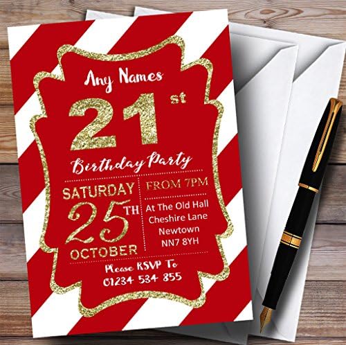 Червени Бели Диагонални Ивици Златен 21-та Персонални Покани На парти по случай рождения Ден