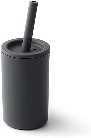Слама чаша Topgomes за деца, Храни Силиконова чаша-поильник за дете от 6 месеца, се предлага със сламен четка, не съдържа бисфенол А, 7,1 грама (тъмно сиво)