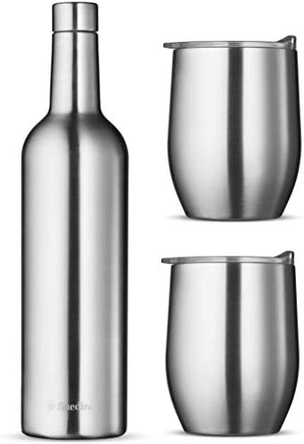 Подаръчен комплект за охлаждане на вино - Вино бутилка с Вакуумна изолация 750 мл и Две чаши за Вино С Капак за 16 грама. Изработени от небьющейся неръждаема стомана 18/8