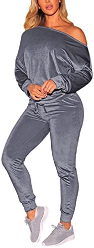 Дамски кадифе hoody VamJump с открити рамене, панталони за джогинг, комплект дрехи от 2 теми, спортен костюм