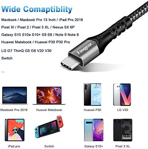 Кабел Fasgear USB C-C USB 3 метра, 10 Gbit/s, USB кабел 3.1 Gen 2, бързо зарядно устройство 5A с видео 4K и захранването 100 W (PD) Thunderbolt, съвместим е с MacBook, Matebook, Pixelbook, iPad, Galaxy Note 10, черен