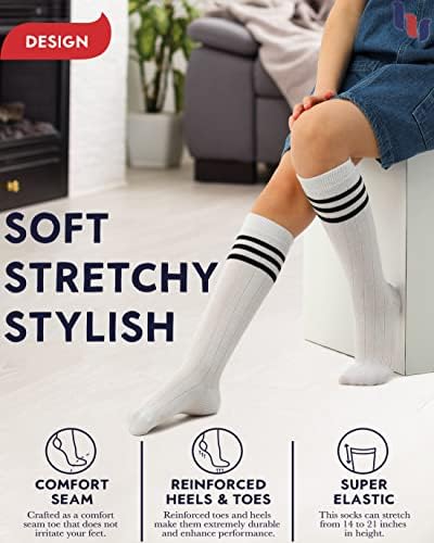 Памучни чорапи Hugh Ugoli до коляното за момичета и момчета, Дълги Чорапи за училищна униформа на ивици, 5-14 Години, 4 чифта