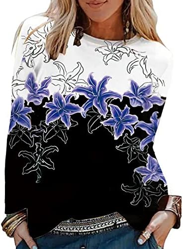 Дамски Есенни Блузи, Модни Блузи с дълъг ръкав, Тениска С кръгло деколте и Графичен Цветен Принтом, Ежедневни Ризи-Туники,