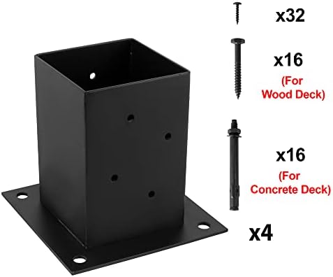Анкерное основа на стълб за дървена ограда LADECH 4x4 от стомана с дебелина 13 Мм, с черно прахово покритие, снабден с винтове за дърво и бетон анкерами (4)