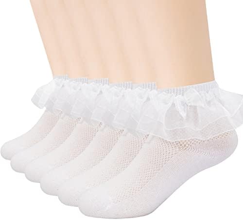 akkilar 6 Опаковки Памучни Чорапи на Принцеса за Момиченца с Дантелен Завършек и Накъдрен и Лък