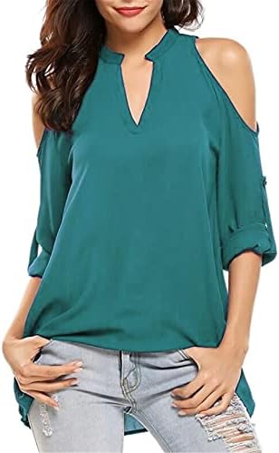 Andongnywell / Дамски Блузи, Ежедневни Однотонная Тениска с V-образно деколте, отворени рамене, Къс ръкав, Блузи, Тениски