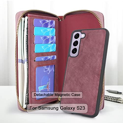 Lacass за Samsung Galaxy S23 5G 6,1 инча 2023 През рамо Двойна Светкавица с Подвижна Магнитна Кожен Портфейл Калъф Wristlets
