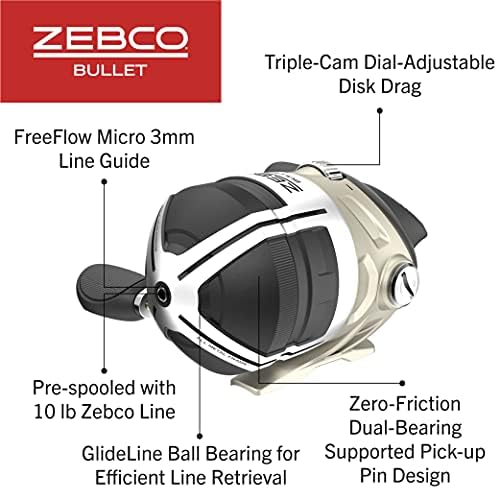 Риболовна макара Zebco Bullet MG Spincast, Размер сонда 30, Ultralight корпус от магнезий, Подвижни улови за дясната или на лявата ръка, Голяма Нескользящая дръжка, тъмно-сребрист