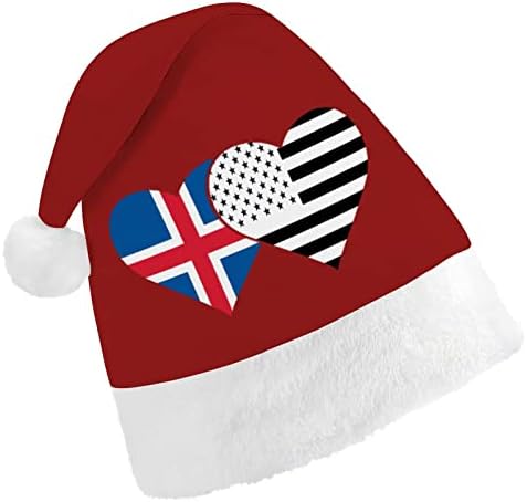 Знаме на Исландия и Американски Флаг Коледна Шапка на Дядо Коледа за Възрастни Унисекс Удобна Класическа Коледна Шапка