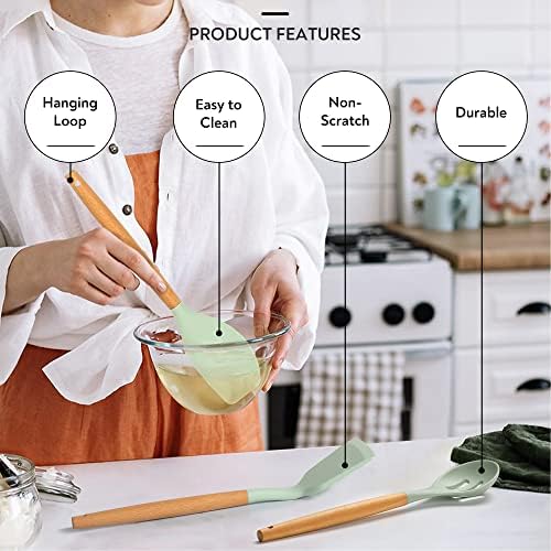 Набор от кухненски аксесоари Lanzo Design, 12 бр. Комплект Силиконови Плешки за Готвене с Незалепващо покритие и Дървена