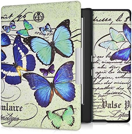Калъф kwmobile е Съвместим с Кобо Aura H2O Edition 1 - Калъф за четец на електронни книги от изкуствена кожа - Реколта пеперуди, Синьо / Мента /Бежово