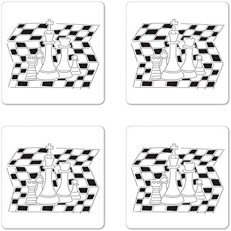 Набор на Каботажните за десктоп игри Ambesonne от 4 Фигури в шахматна дъска стил с Абстрактен дизайн във формата на Зигзаги, черно-бели, Квадратни Гланц Влакчета от орга?